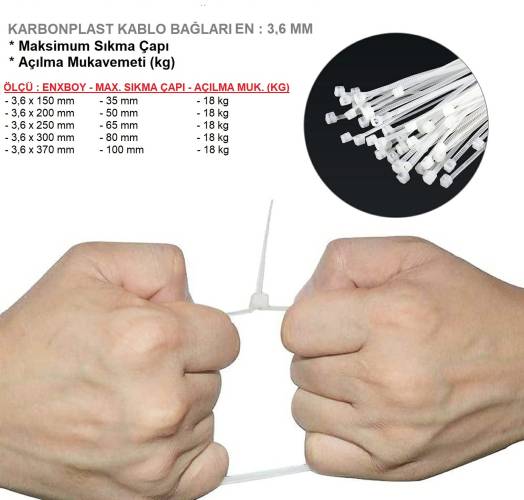 3,6 mm Plastik Kablo Bağı, Cırt Kelepçe, Birleştirici Bağları (3,6 x 150 mm, 3,6 x 200 mm, 3,6 x 250 mm, 3,6 x 300 mm, 3,6 x 370 mm) - 5