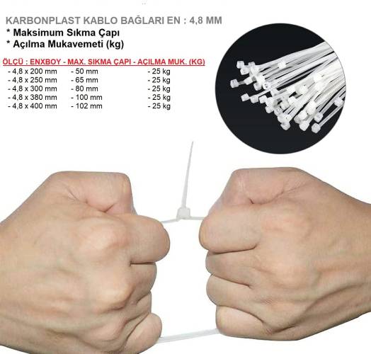 4,8 Mm Plastik Kablo Bağı, Cırt Kelepçe, Birleştirici Bağları (4,8 X 200 Mm, 4,8 X 250 Mm, 4,8 X 300 Mm, 4,8 X 380 Mm) - 5