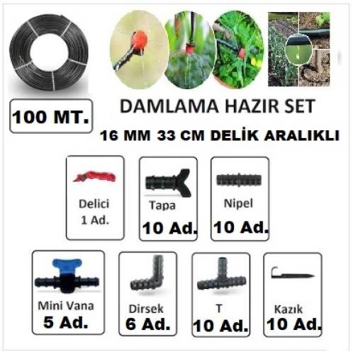 CPLAST 16 MM 100 MT 33 cm DELİK ARALIKLI DAMLAMA SULAMA BORU VE PARÇA SETİ - 0